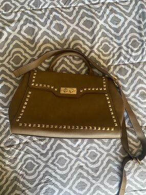 Studded Top-Handle Shoulder Bag in Olive Brown